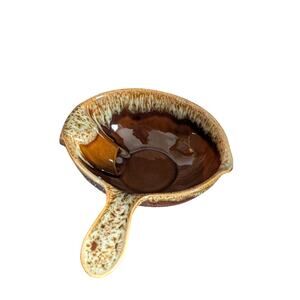 Vtg. Retro Ceramic Gravy Boat/Sauce/Separator Brown Drip Glaze w/ Handle